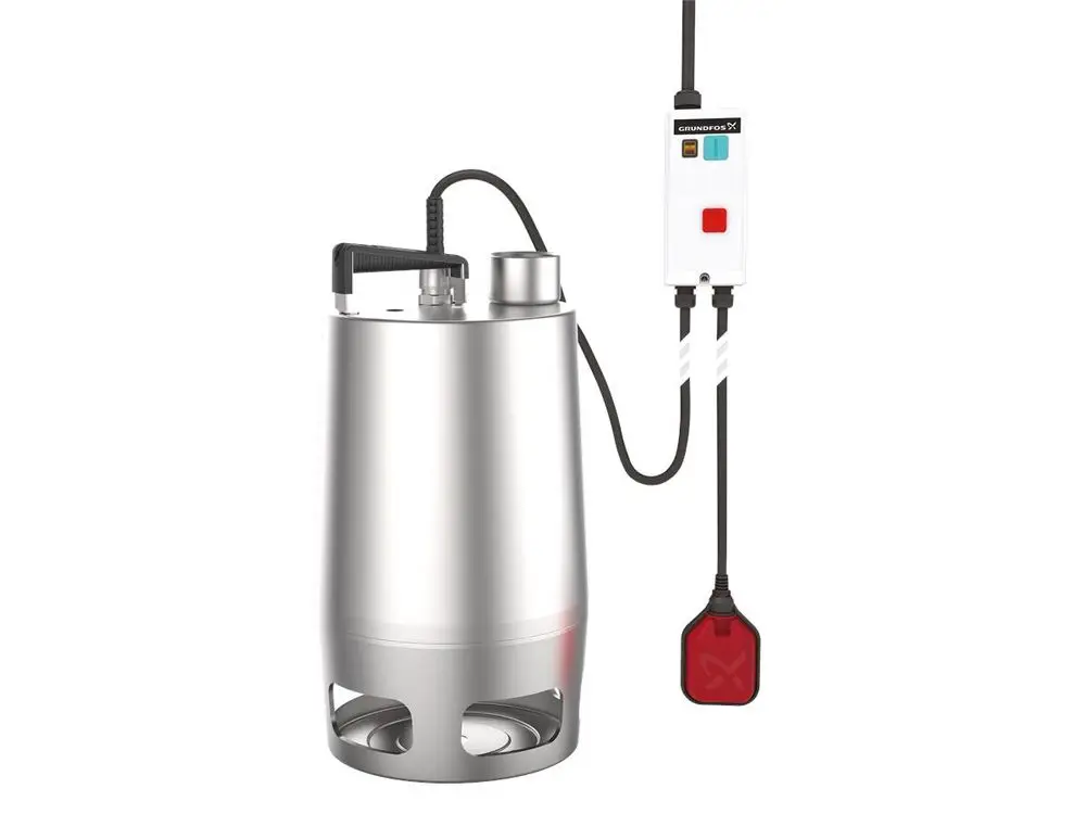Tauchmotorpumpe von Grundfos mit Edelstahlgehäuse und Kühlmantel, ausgestattet mit einem Steuerungskabel und Schwimmerschalter. Fokus auf Schmutzwasserentsorgung.